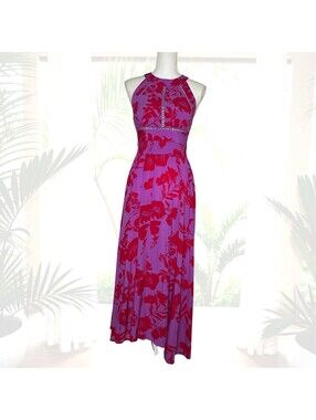 Abel The Label M Purple Red Floral Halter Maxi Dress Open Back Boho Vacation